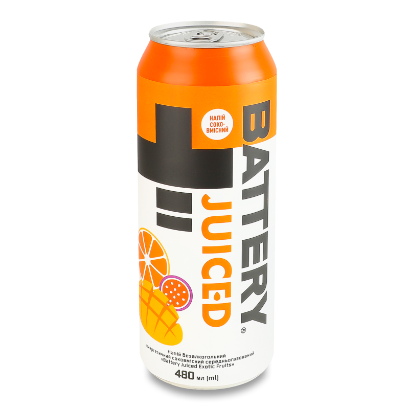 Напій енергетичний безалкогольний Juiced Exotic Fruits середньогазований 480мл ж/б Battery