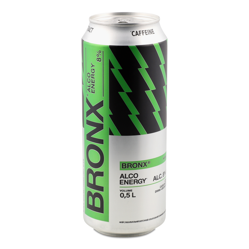 Напій енергетичний Ківі-Яблуко сильногазований 8% 0,5л ж/б Bronx