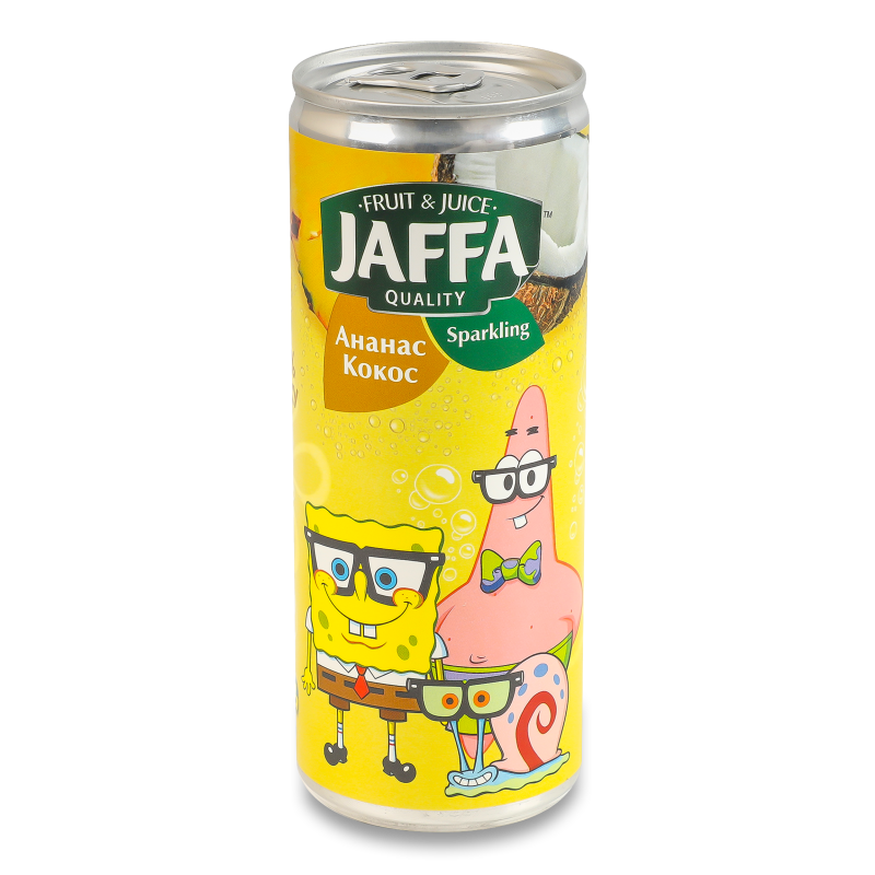 Напій соковий Sponge Bob з ананасу та кокосу газований 250мл ж/б Jaffa