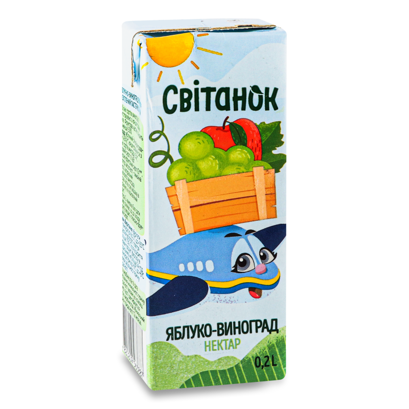 Нектар яблучно-виноградний з білих сортів винограду освітлений 0,2л т/п Світанок