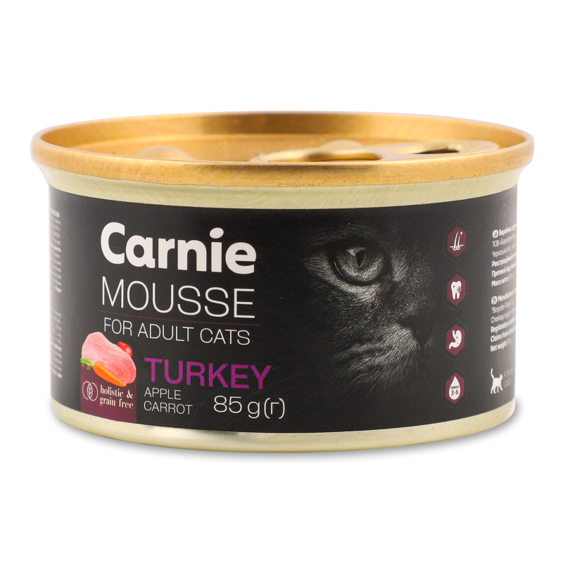 Корм д/дорослих котів Мус з індичкою яблуком морквою та желе 85г ж/б Carnie