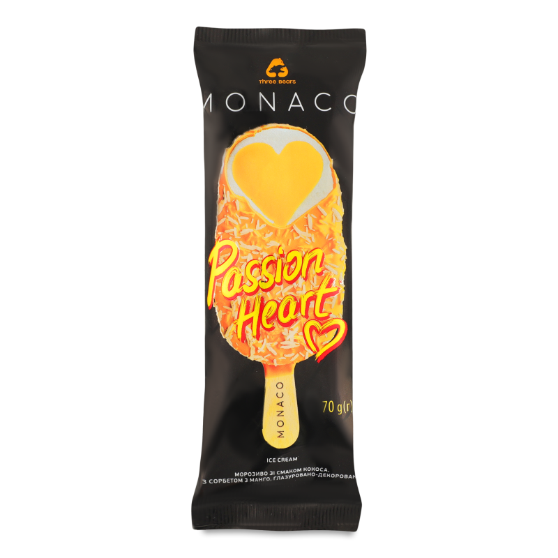 Морозиво Monaco Passion heart глазуровано-декороване двошарове ескімо 70г Three bears