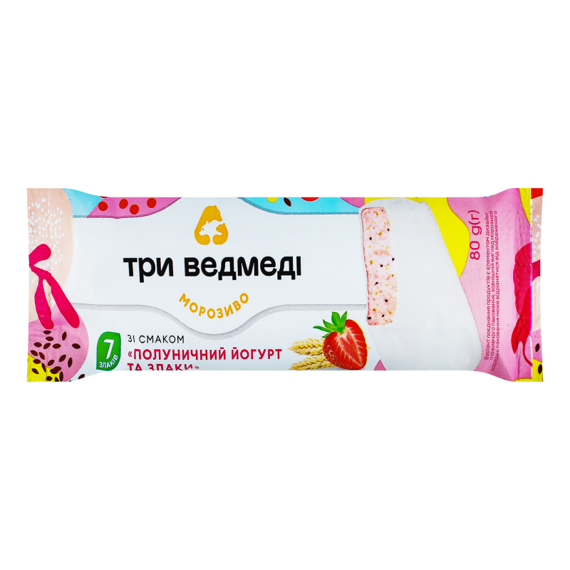 Морозиво 10% Полуничний йогурт та злаки Три ведмеді м/у