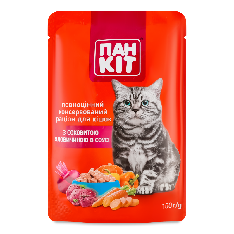 Корм д/котів з соковитою яловичиною в соусі 100г пауч Пан Кот
