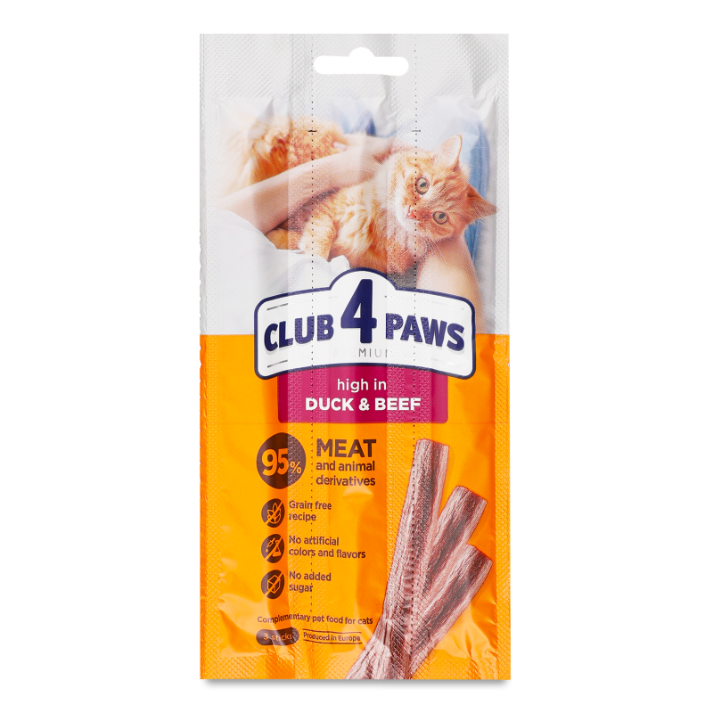Ласощі д/котів М’ясна паличка Premium Качка та яловичина 3*5г Club 4 Paws