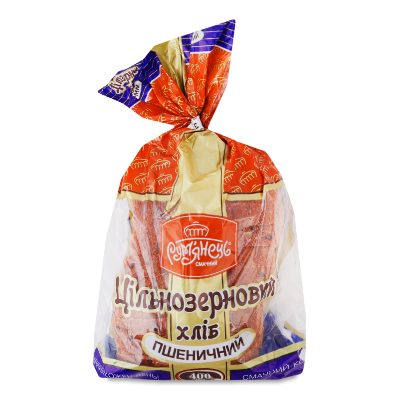 Хліб Цільнозерновий пшеничний нарізаний скибками 400г плівка Рум’янець