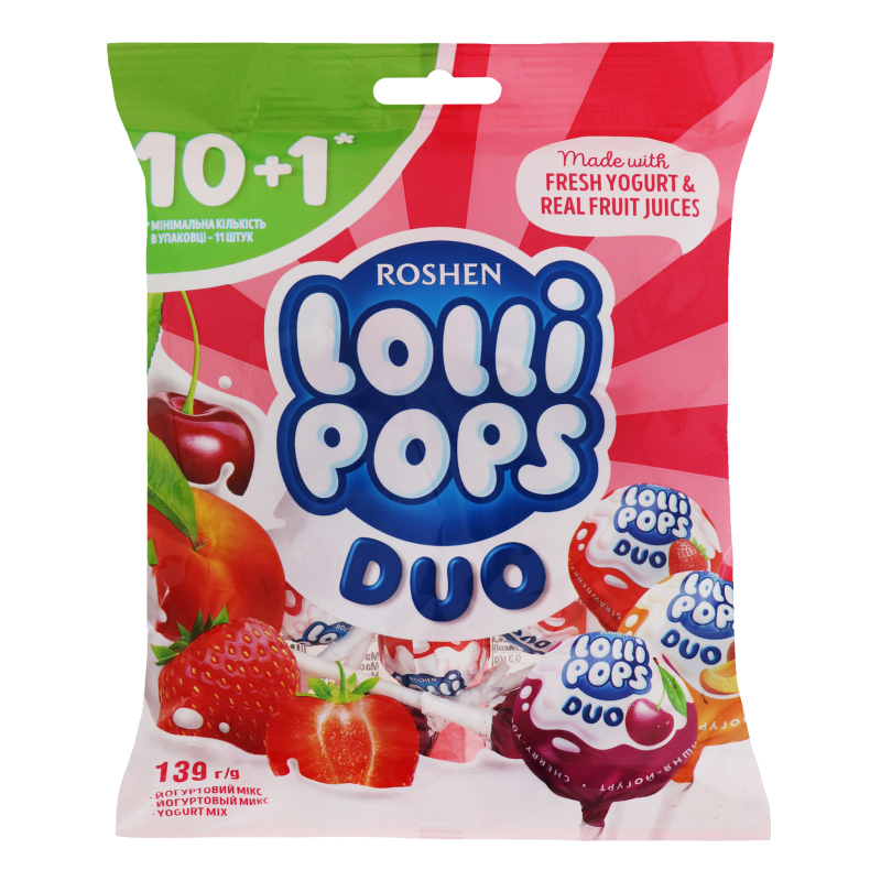 Карамель льодяникова Йогуртовий мікс Lollipops Duo Roshen м/у