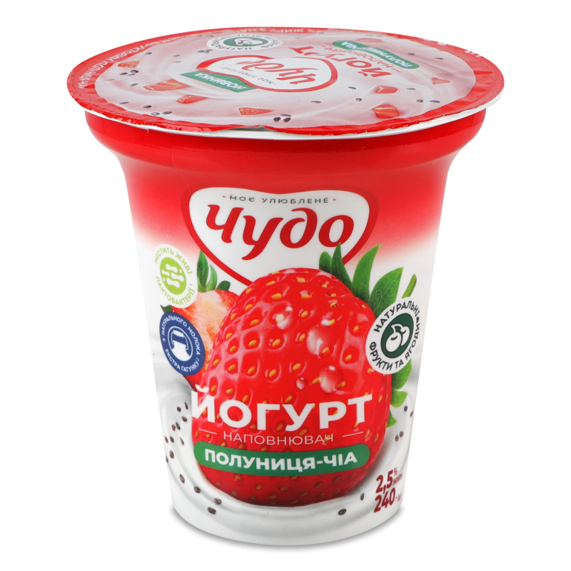 Йогурт з наповнювачем Полуниця-чіа 2,5% 240г стакан Чудо