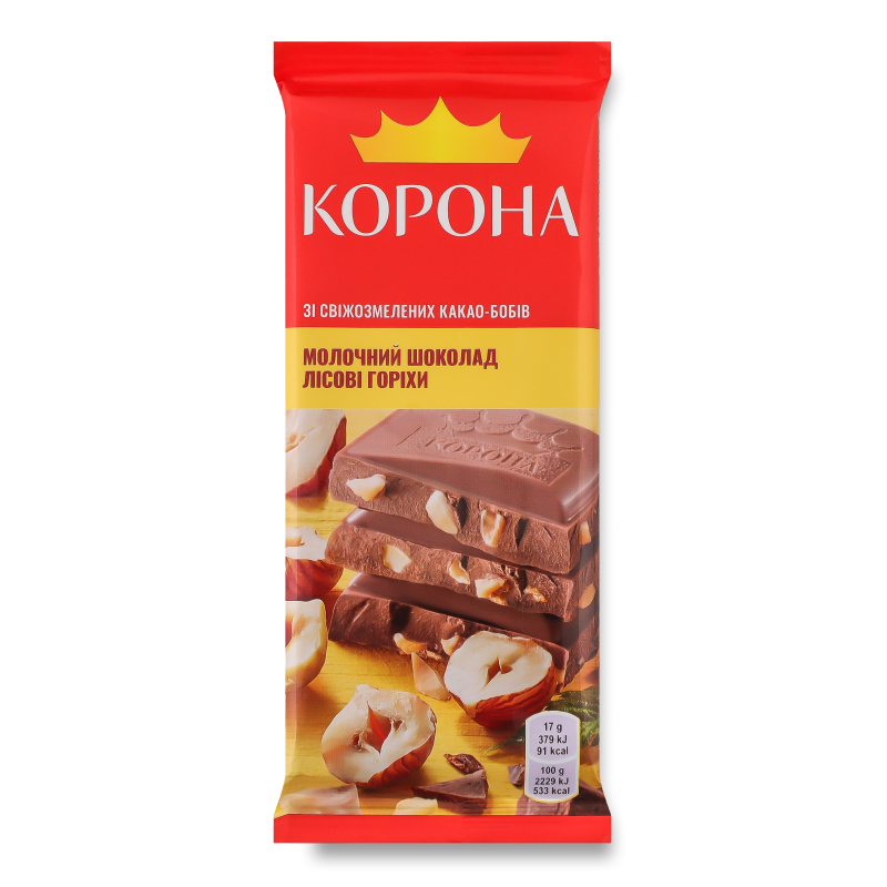 Шоколад молочний з подрібненими лісовими горіхами 85г Корона