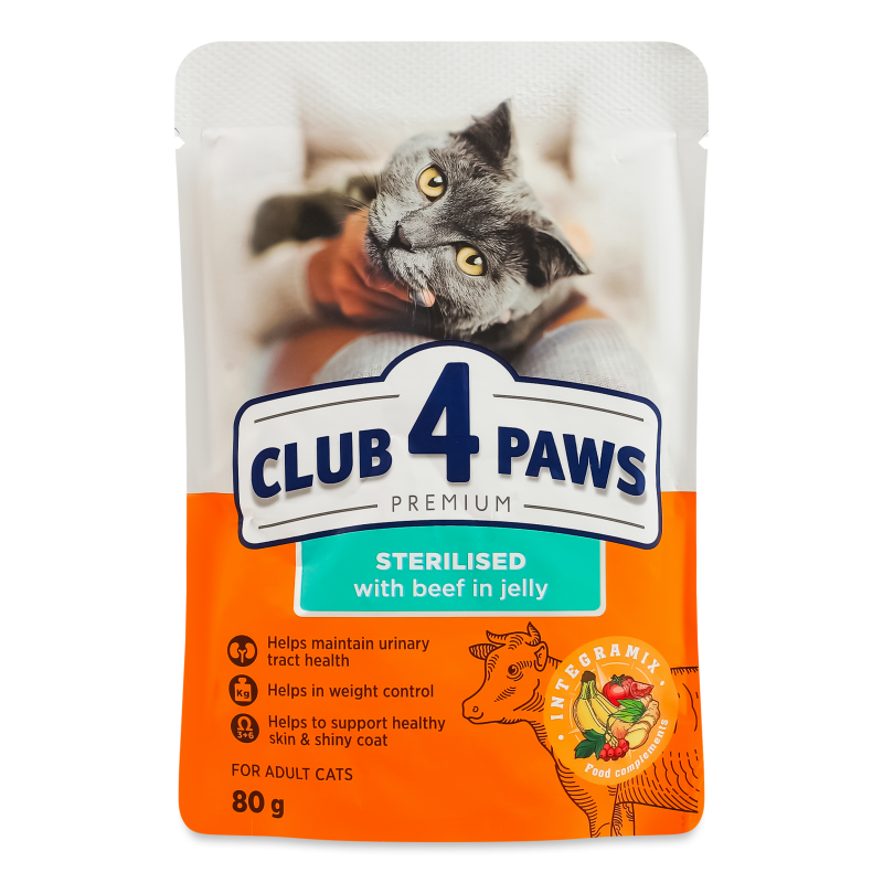 Корм д/дорослих стерилізованих котів Преміум Яловичина в желе 80г пауч Клуб 4 лапи