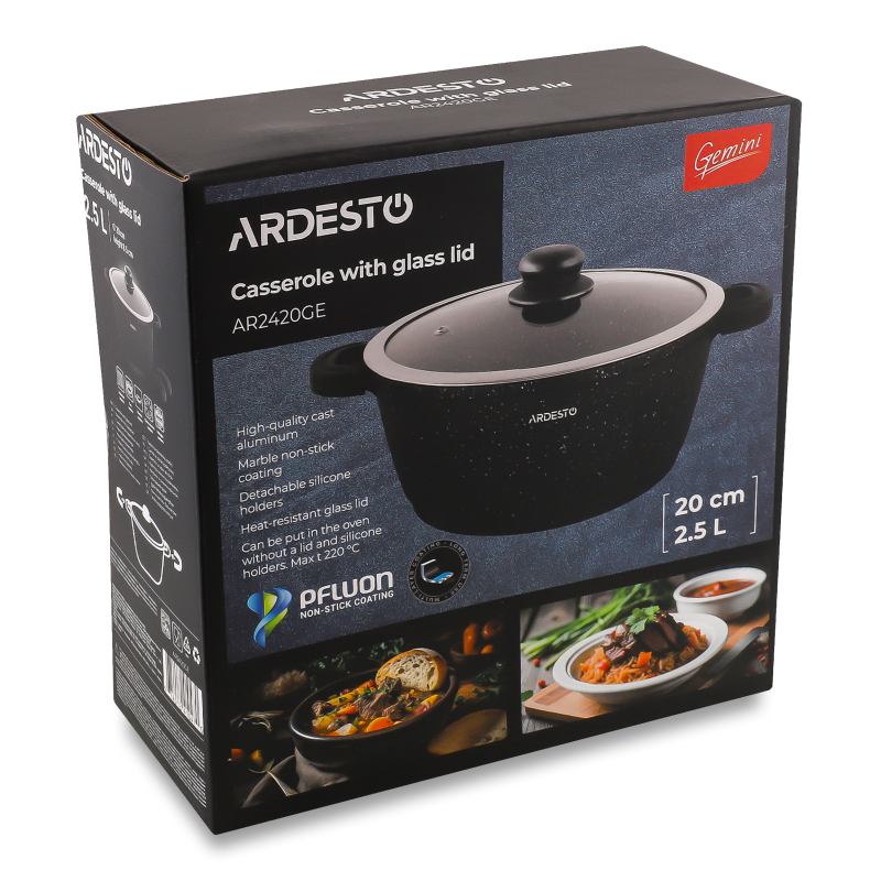 Каструля Gemini Anzio 2,5л чорний алюміній з скляною кришкою Ardesтo