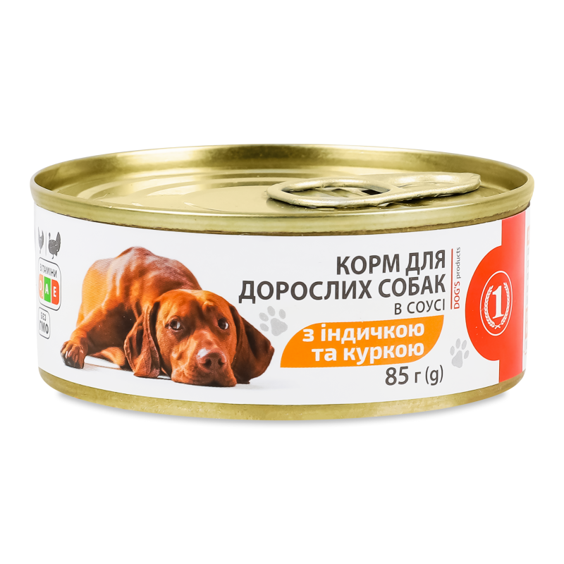 Корм д/дорослих собак М’ясний з індичкою та куркою в соусі 85г ж/б ТМ “1”