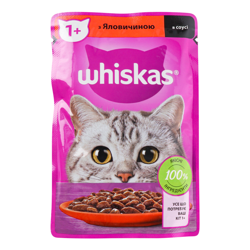 Корм влажный для взрослых котов с говядиной в соусе Whiskas д/п 85г ...