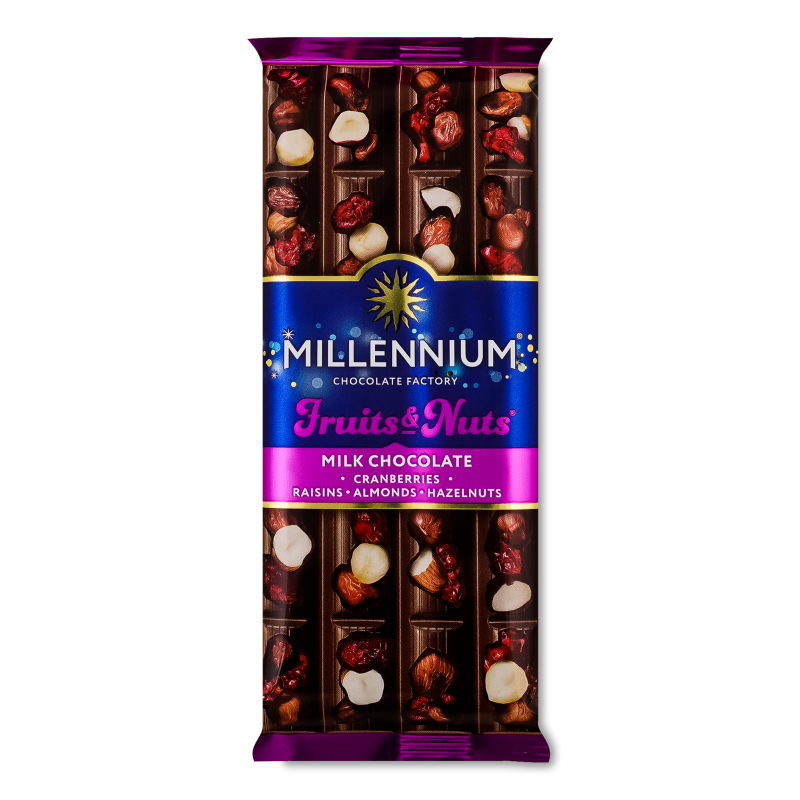 Шоколад Fruits&Nuts молочний з мигдалем цілими лісовими горіхам журавлиною та родзинками 90г Millennium