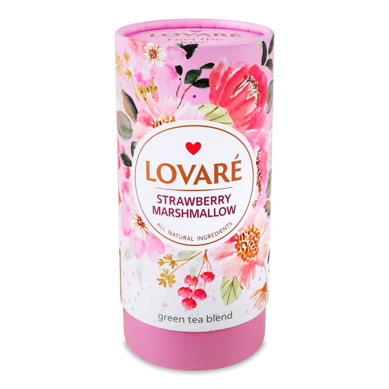 Чай Полуничний зефір зелений з якодами пелюстками квітів та ароматом суниці 80г тубус Lovare