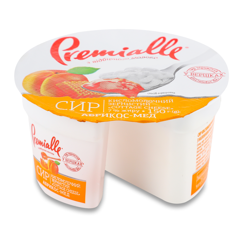 Сир кисломолочний зернистий з наповнювачем Абрикос-мед 7% 150г стакан Преміалле
