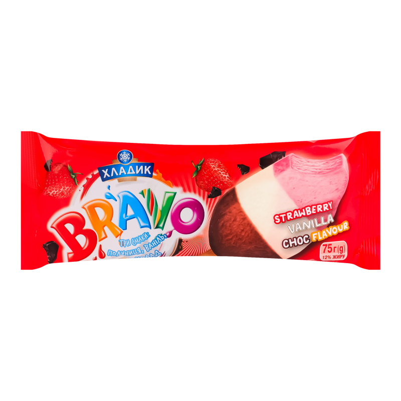 Морозиво 12% Полуниця-ваніль-шоколад Bravo Хладик м/у