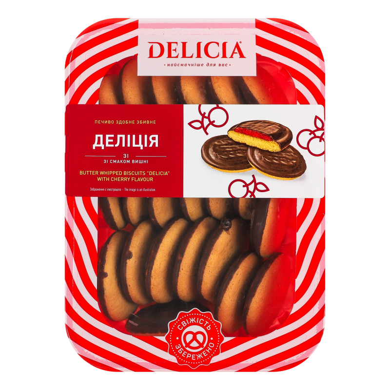 Печенье сдобное сбивное со вкусом вишни Делиция Delicia лоток 300г