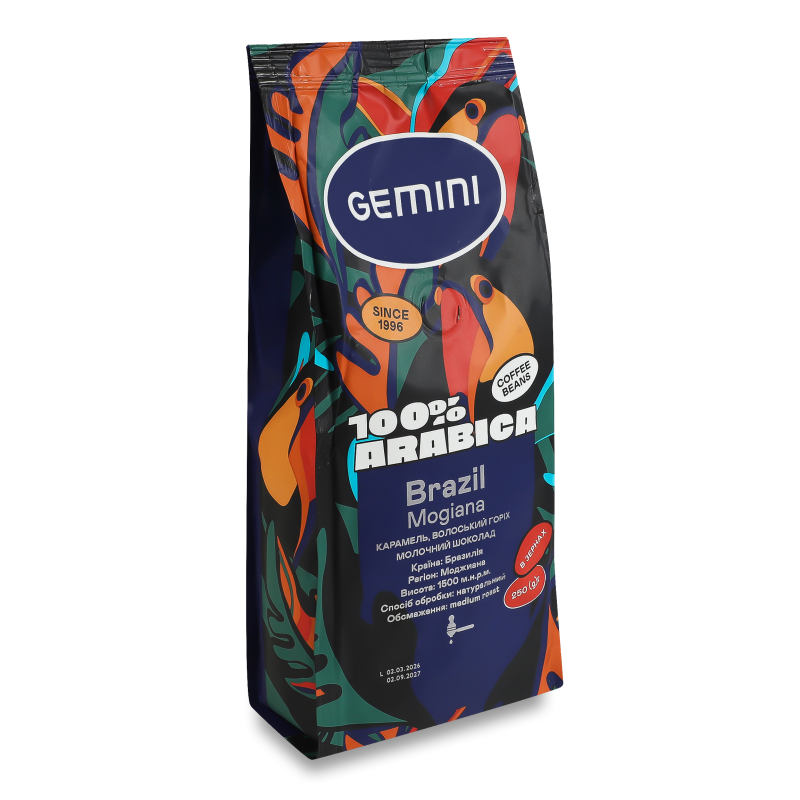 Кава Бразилія в зернах смажена 250г м/у Джеміні