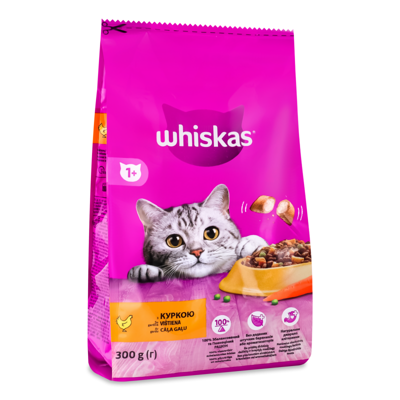 Корм д/дорослих котів з куркою сухий 300г м/у Whiskas
