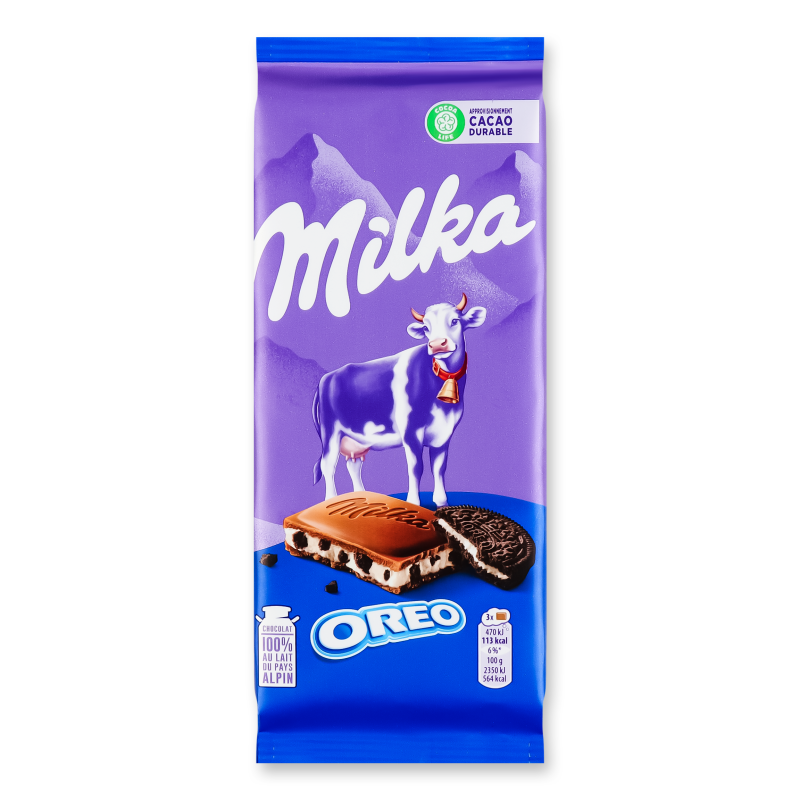 Шоколад молочний з молочною начинкою з смаком ванілі та шматочками печива Орео 100г Мілка