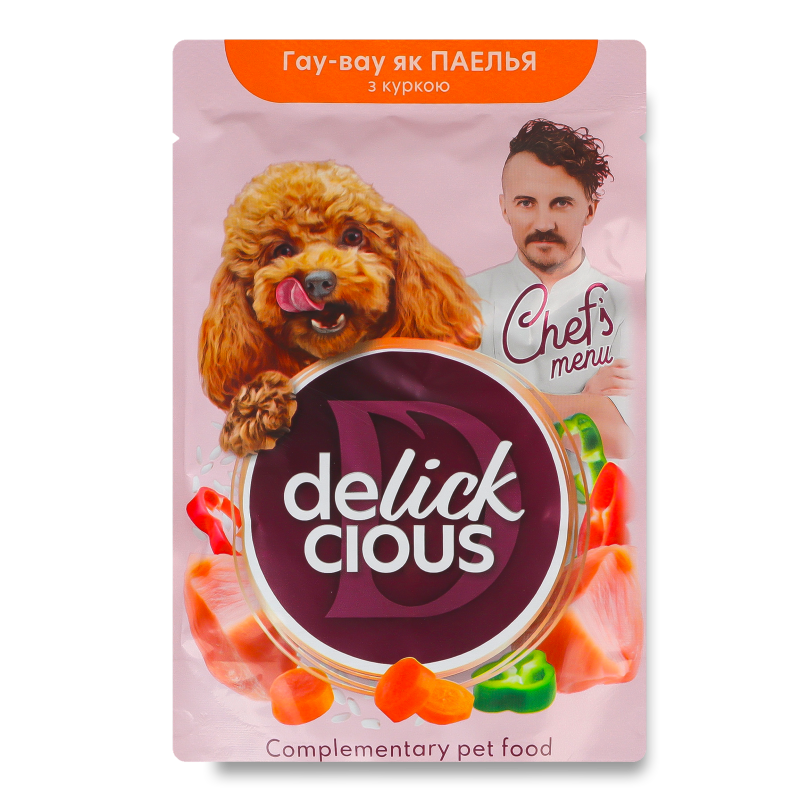 Корм д/дорослих собак з високим вмістом курячого філе з рисом морквою та болгарським перцем 85г пауч Delickcious