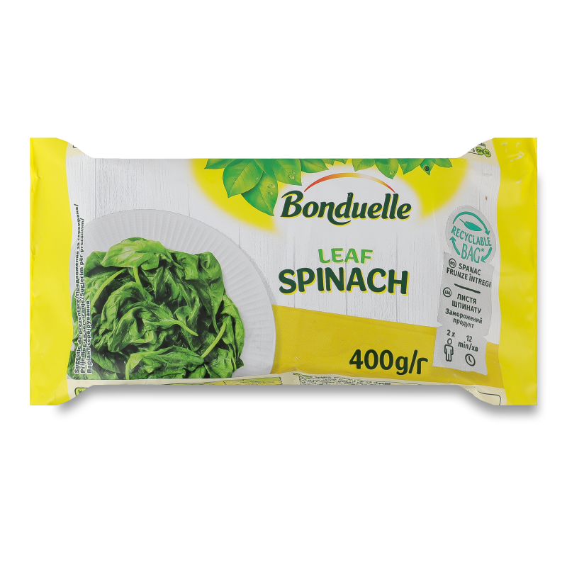 Листи шпинату заморожені 400г Бондюель
