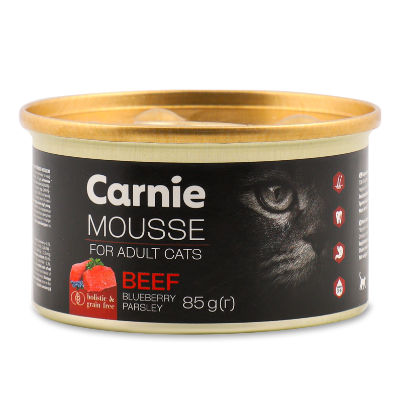Корм д/дорослих котів Мус з яловичиною чорницею петрушкою та желе 85г ж/б Carnie