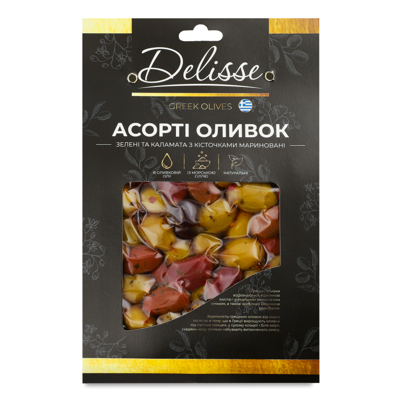 Асорті оливок зелені та Каламата з/к в оливковій олії 250г в/у Delisse