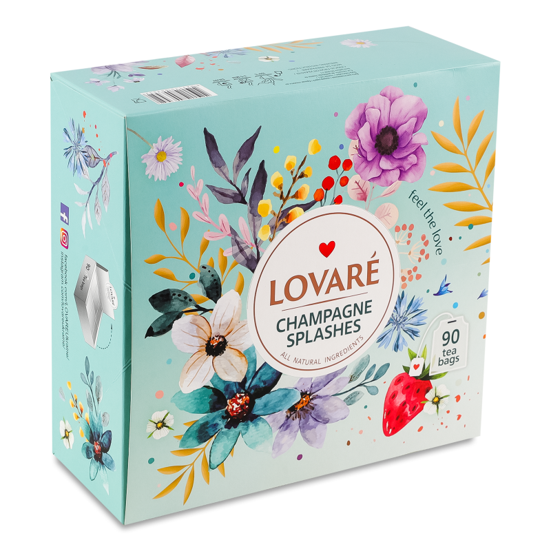 Чай Бризки шампанського чорний та зелений з ягодами пелюстками квітів та ароматом суниці 90*2г Lovare