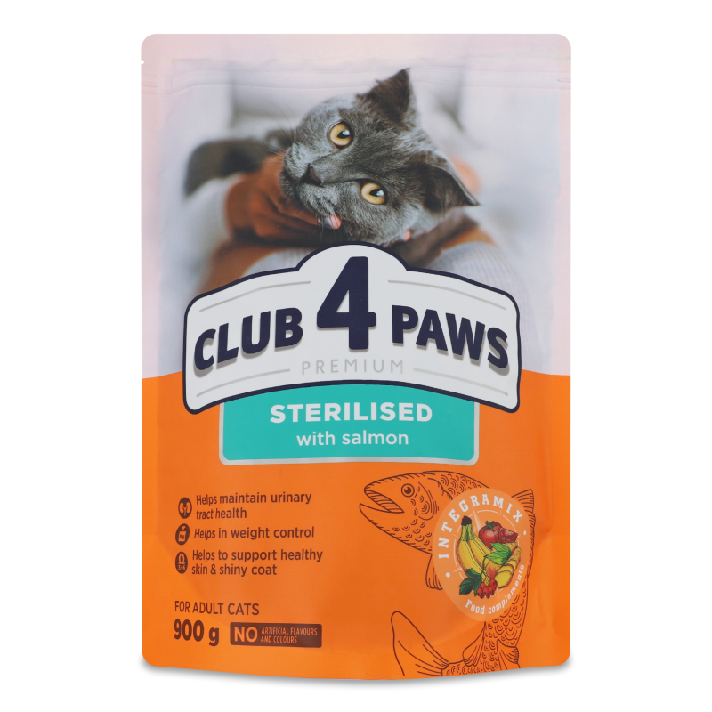 Корм д/дорослих стерилізованих котів Premium з лососем сухий 900г Club 4 Paws