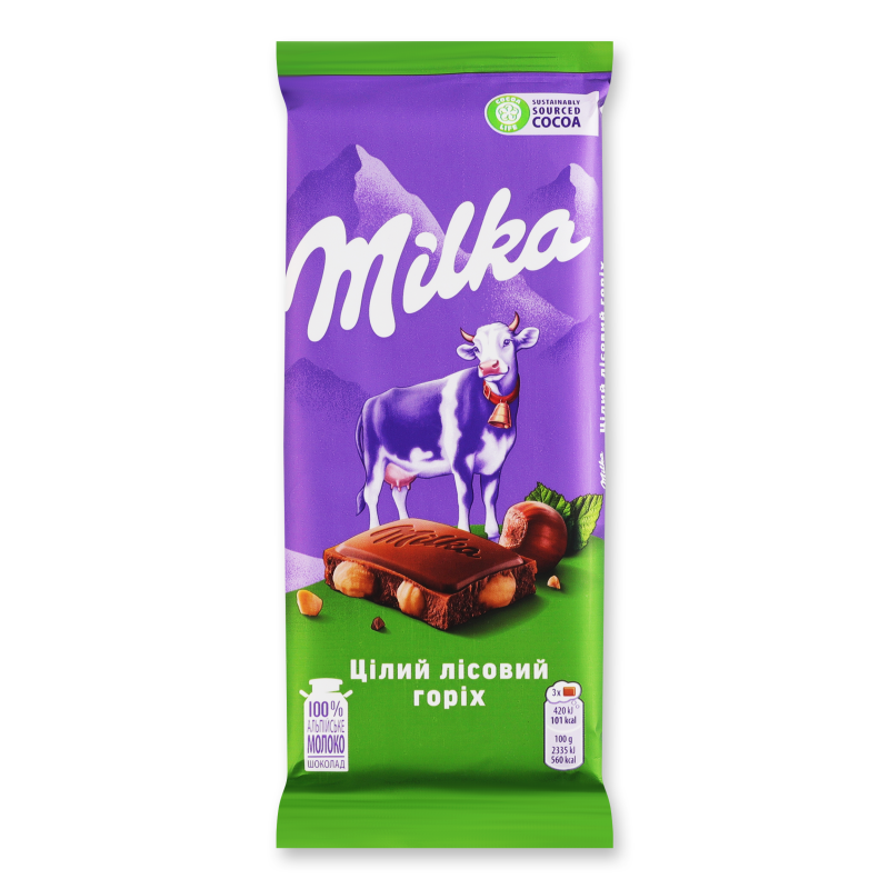 Шоколад молочний з цілим лісовим горіхом 90г Мілка
