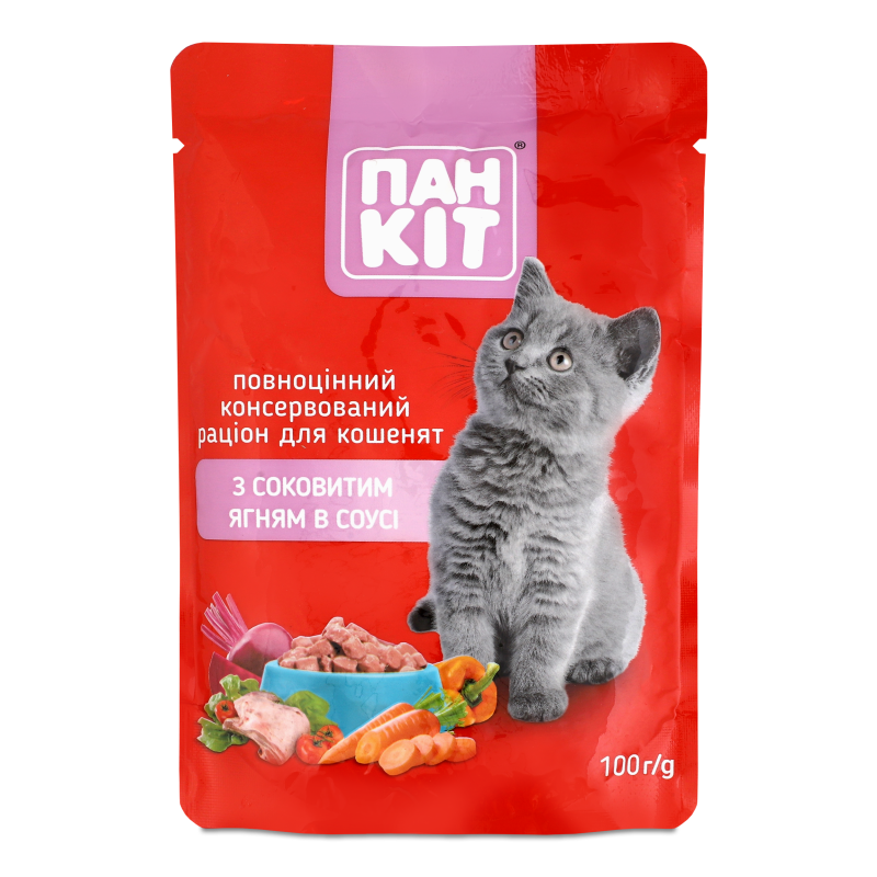 Корм д/котів з соковитим ягням в соусі 100г пауч Пан Кот