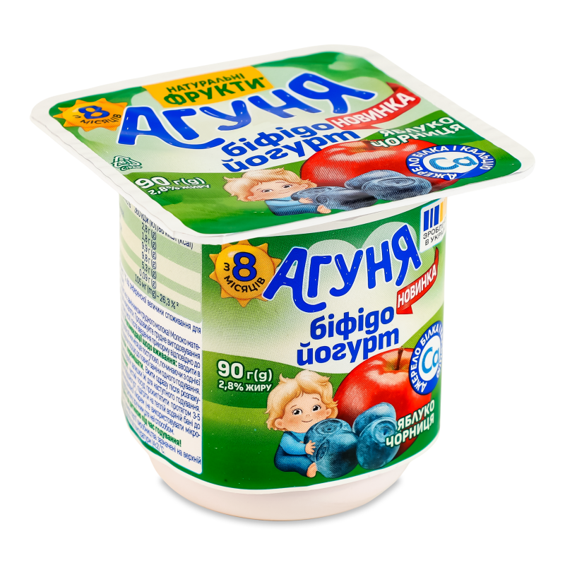 Біфідойогурт д/харчування дітей з наповнювачем Яблуко-чорниця 2,8% від 8місяців 90г стакан Агуня