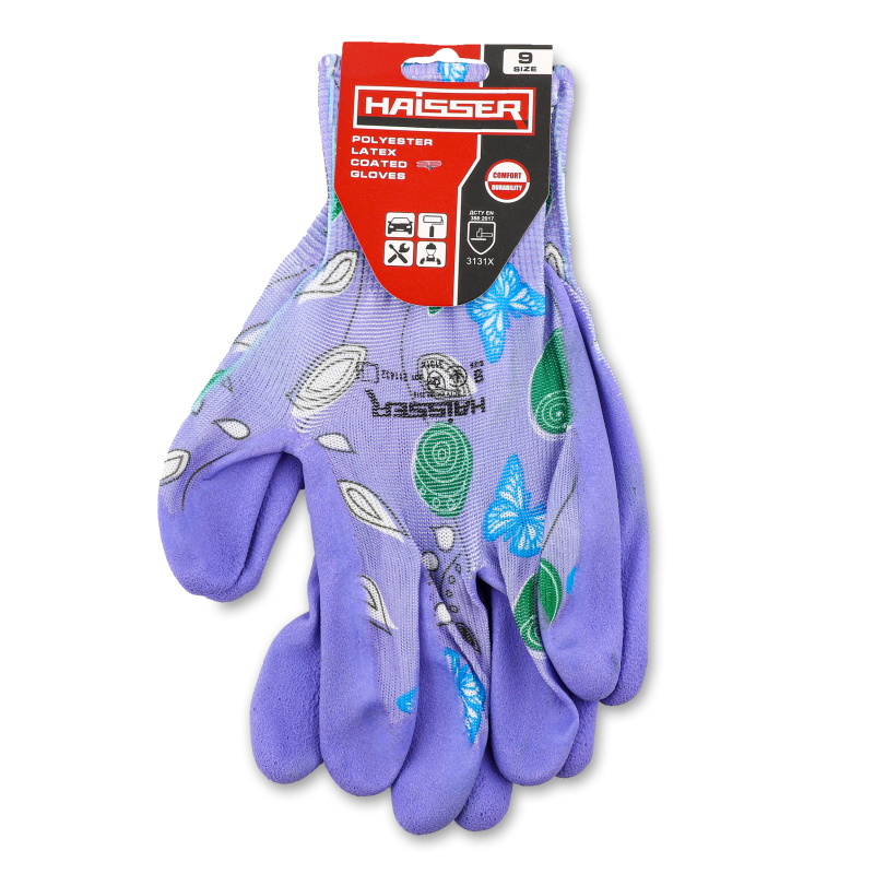 Рукавиці садові фіолетові поліестр з зеленим латексним покриттям р.S/М Haisser