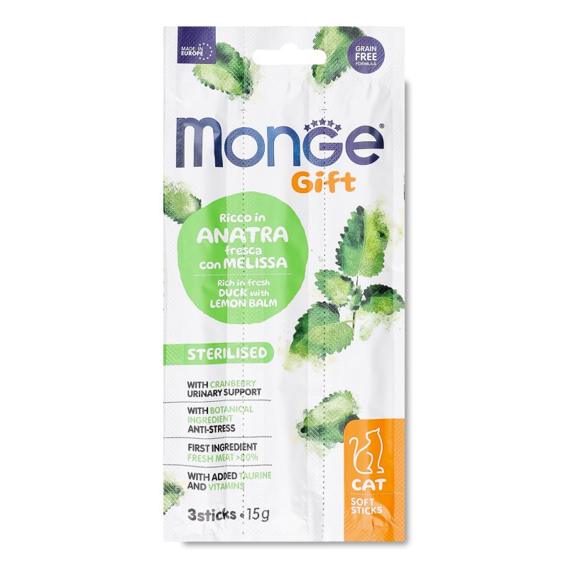 Ласощі д/котів Gift Стерілайзд Качка та меліса 15г стік Monge
