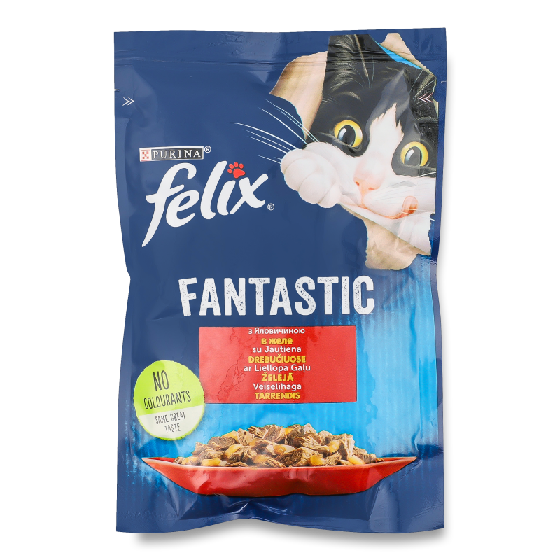 Корм д/дорослих котів Фантастік шматочки в желе з яловичиною 85г пауч Фелікс