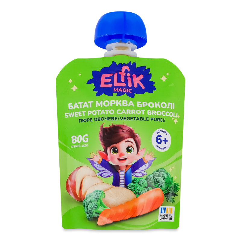 Пюре овочеве Батат-Морква-Броколі від 6місяців 80г пауч Elfik Magic