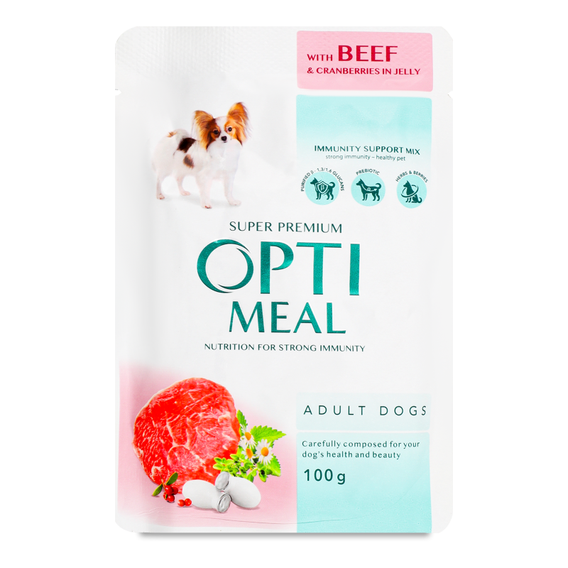 Корм д/дорослих собак з яловичиною та журавлиною у желе 100г пауч Оптіміл