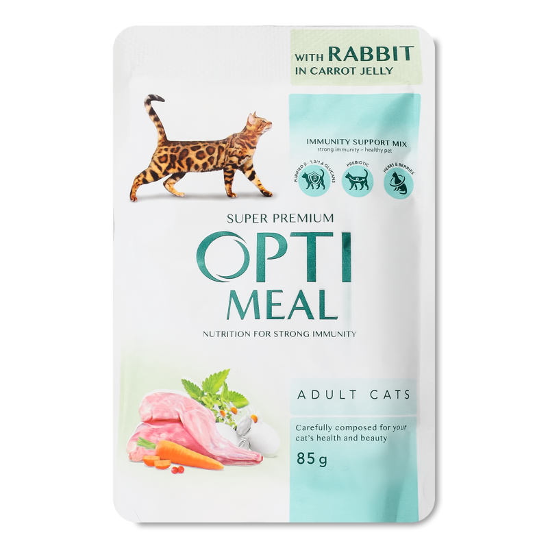 Корм д/дорослих котів з кроликом у морквяному желе 85г пауч Оптіміл