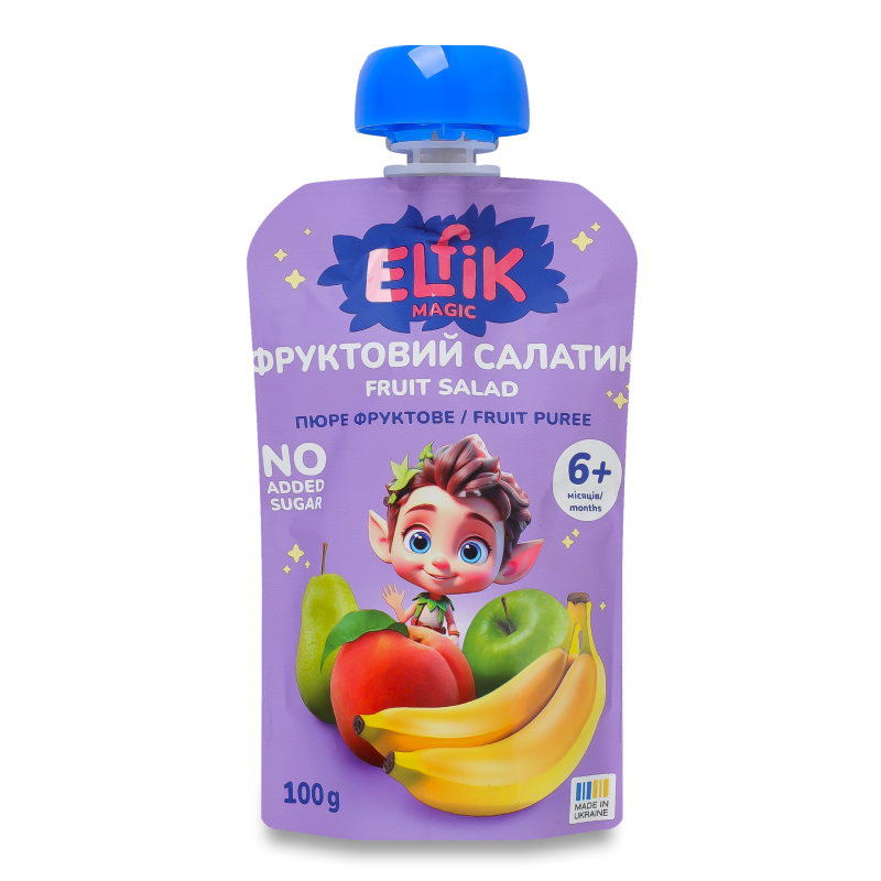 Пюре фруктове Фруктовий салатик з яблук груш персиків та бананів від 6місяців 100г пауч Elfik Magic