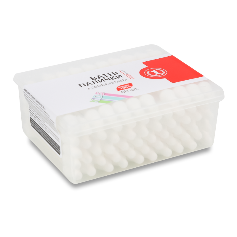 Палички ватні д/дітей з обмежувачем 60шт коробка ТМ “1”