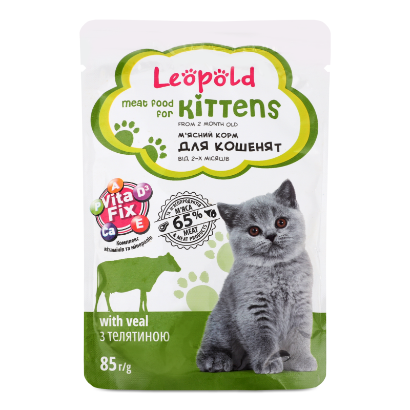 Корм д/кошенят м”ясний з телятиною 85г пауч Леопольд