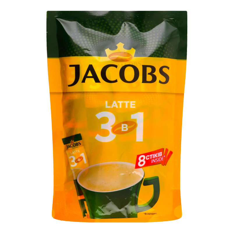 Напій кавовий розчинний з цукром і підсолоджувачами Latte 3в1 Jacobs д/п 8х