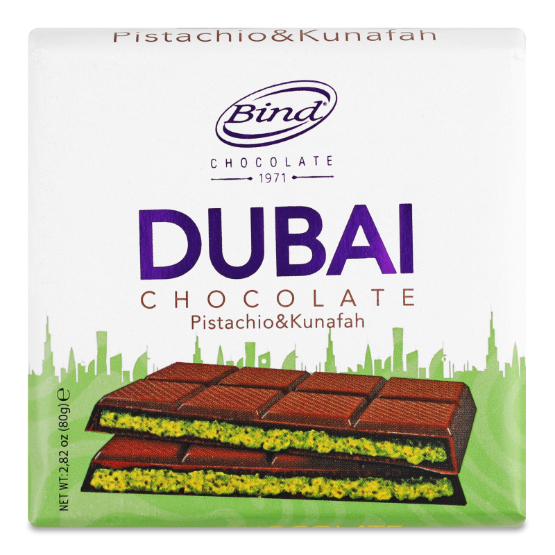 Шоколад Dubai молочний з фісташкою та тістом кадаїфі 80г Bind