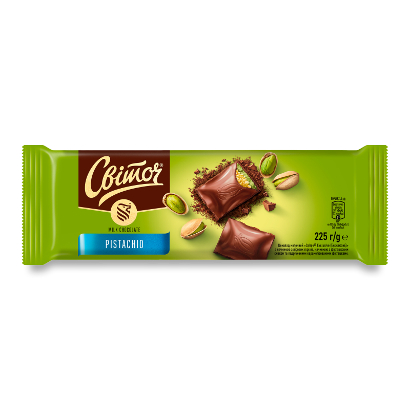 Шоколад Exclusive молочний з лісовими горіхами та подрібненими карамелізованими фісташками 225г Світоч