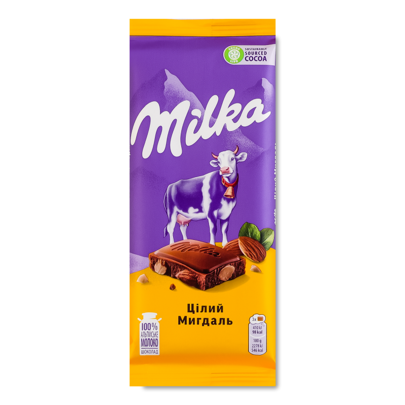 Шоколад молочний з цілим мигдалем 90г Мілка