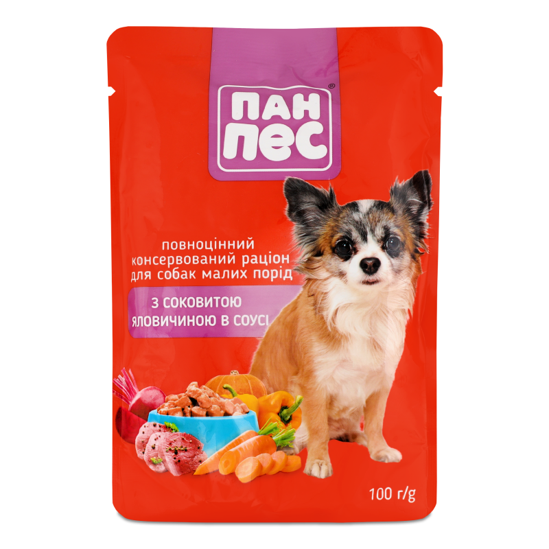 Корм д/собак малих порід з яловичиною в соусі 100г пауч Пан Пес