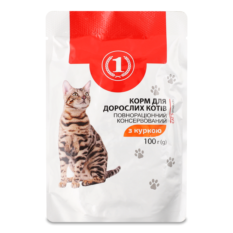 Корм д/дорослих котів з куркою 100г пауч ТМ “1”