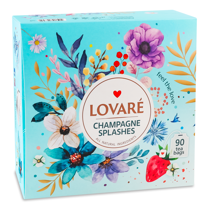 Чай Бризки шампанського чорний та зелений з ягодами пелюстками квітів та ароматом суниці 90*2г Lovare